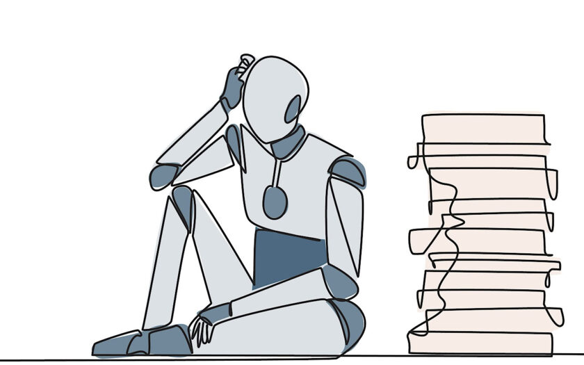 Single continuous line drawing robot sitting near piles of work files.